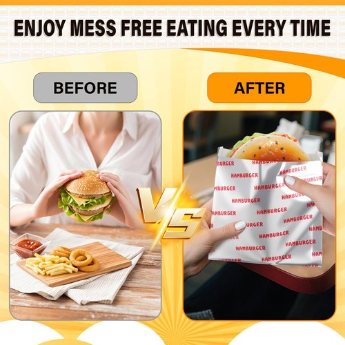 Honoson 300 Pcs Proof Food Wrappers Hamburger, Cheeseburger and Hot Dog Bags Disposable Foil Paper Hot Dog Sleeves for Fast Food and Truck BBQ Foil Paper Supply for Themed Party Event