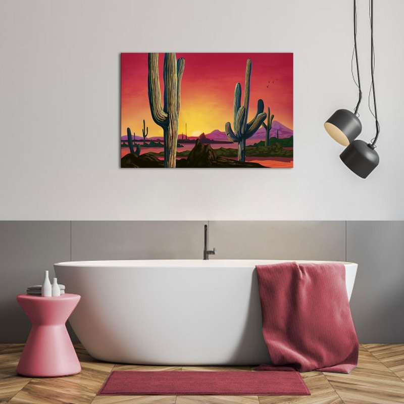 iHAPPYWALL Large Saguaros Landscape Canvas Wall Art Sunset Arizona Cactus Orange Background Sonoran Desert Picture for Home Bedroom Decor Ready to Hang 24x36inch