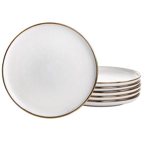 Elama Arthur 6 Piece Stoneware Salad Plate Set in Matt White with Gold Rim (Arthur Paul Salad), 6 Piece Set