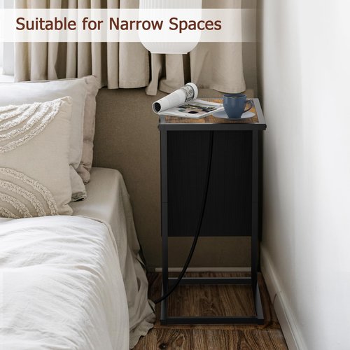 CADUKE C Shaped End Table with Charging Station, TV Tray Set of 2, Couch Side Tables with Storage Bag, Sofa Tables That Slide Under with 3 USB Ports and Outlets for Living Room, Brown
