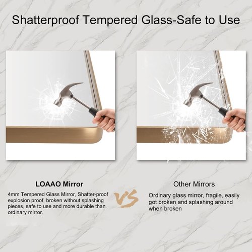 LOAAO Gold Bathroom Mirror - 28”X36” Rounded Rectangle Design | Anti-Rust Tempered Glass, Wall-Mounted