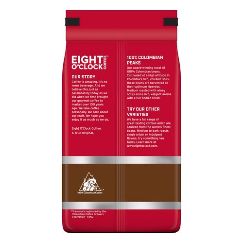 Eight O'Clock Coffee 100% Colombian Peaks Whole Bean Coffee, Medium Roast, 20 Ounce (Pack of 1) - Rich, Winey & Full Bodied