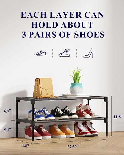 Kitsure Shoe Rack - Stackable Non-Woven Shoe Organizer for Closet & Entryway | 27.5" Wide - 2 Tier, Black