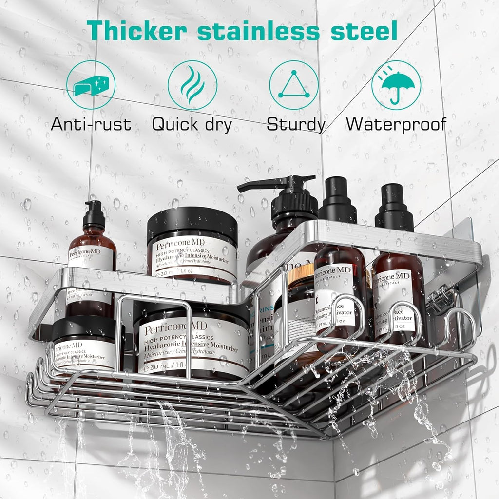 YASONIC Corner Shower Caddy - Rustproof Stainless Steel Bathroom Organizer | No Drilling, 3-Pack, Brushed Silver