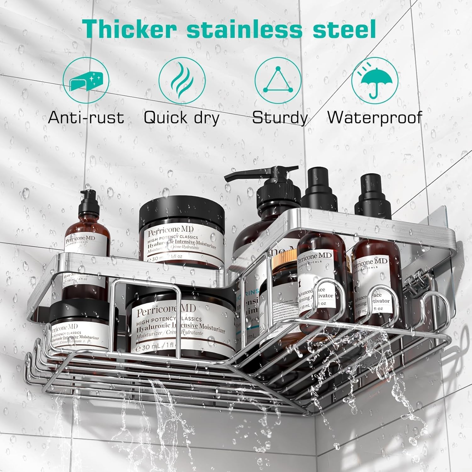 YASONIC Corner Shower Caddy - Rustproof Stainless Steel Bathroom Organizer | No Drilling, 3-Pack, Brushed Silver