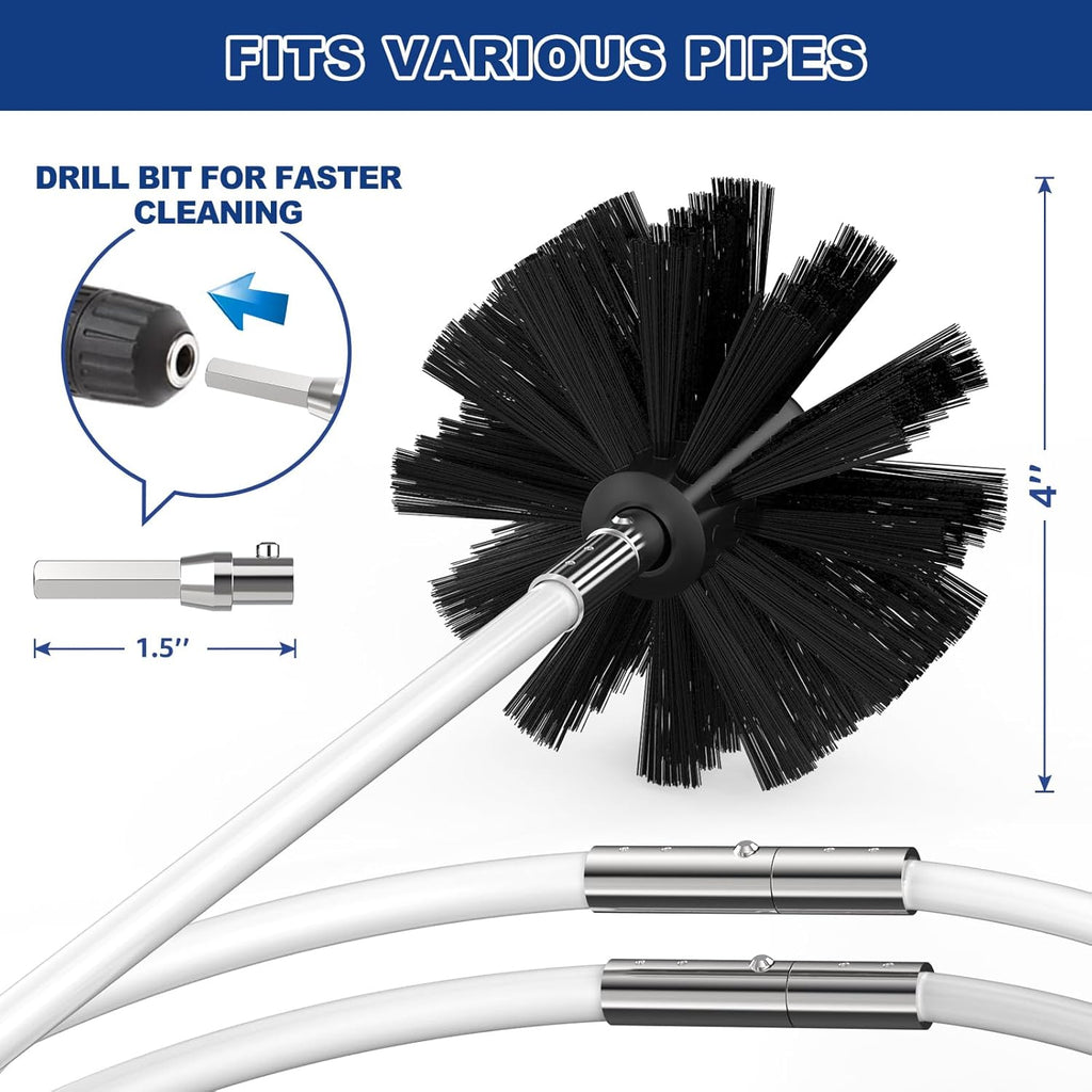PetOde Dryer Vent Cleaner Kit - 32 Feet Flexible Brush with Drill Attachment for 360° Cleaning