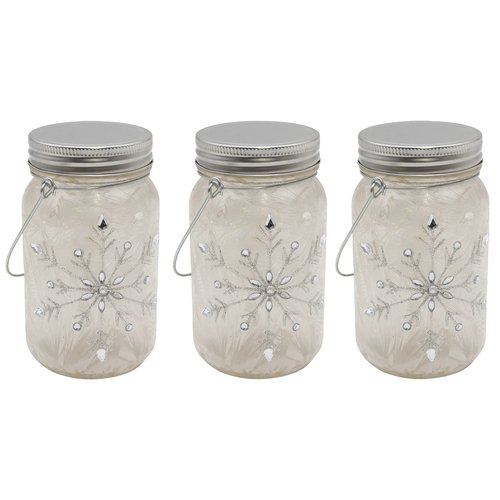 LumaBase Battery Operated Silver Snowflake Glass Mason Jars - Set of 3