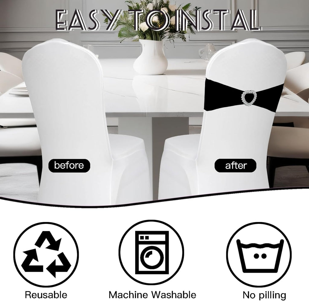 Skiennix Spandex Stretch Black Chair Sashes - Universal Elastic Covers with Buckle Slider for Events