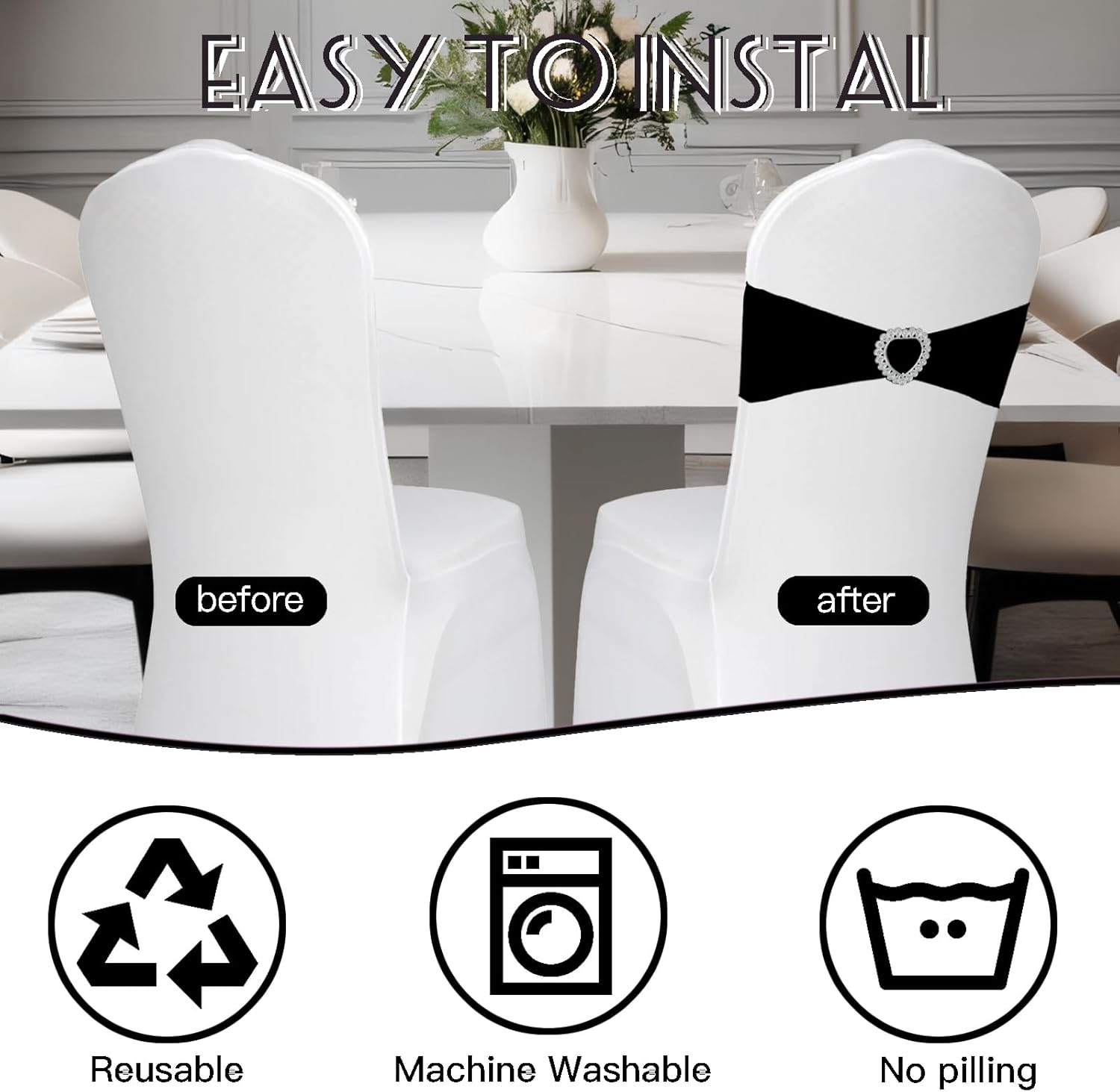 Skiennix Spandex Stretch Black Chair Sashes - Universal Elastic Covers with Buckle Slider for Events