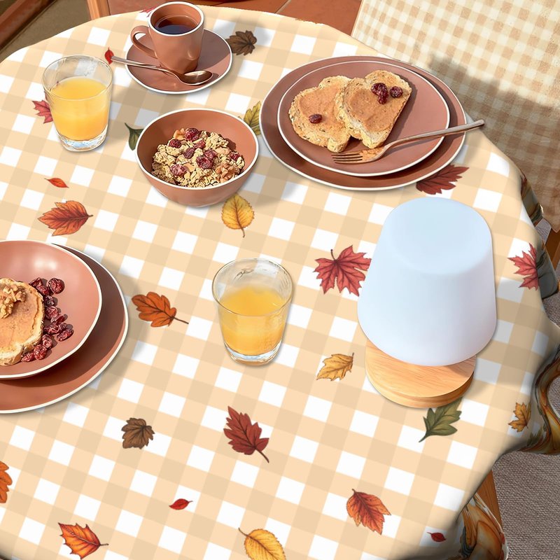 VentuCoven Pumpkin Table Cloth Fall Tablecloth 60 inch Maple Leaf Round Tablecloth for Kitchen Dining Circular Table Orange Buffalo Plaid