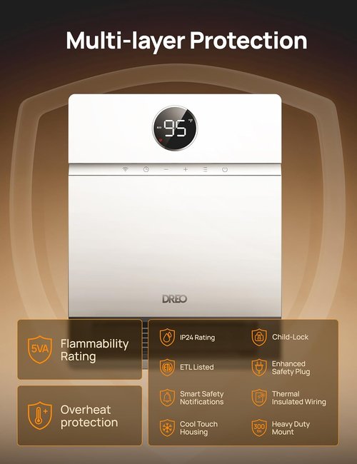 DREO Smart Wall Heater - IP24 Electric PTC Space Heater with 30° Oscillation & Remote Control | Works with Alexa