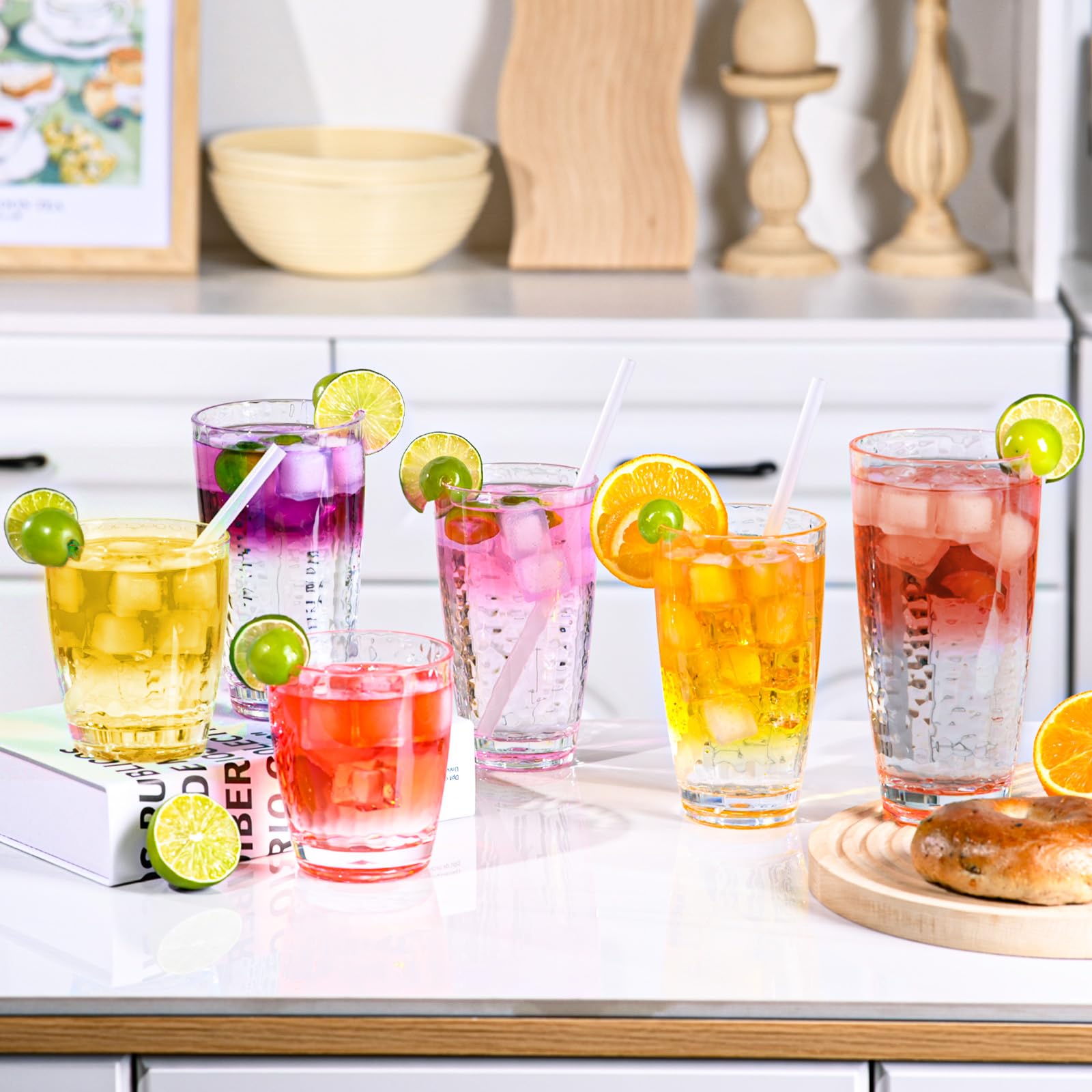 Zioffiel 9 Pcs Plastic Drinking Tumblers Set of 14/18/24 oz, Acrylic Drinking Glasses with Straw&PP Brush, BPA-Free, Stackable Water Cups, Clear Cups for Juice, Wine (14/18/24 oz-9 pcs)