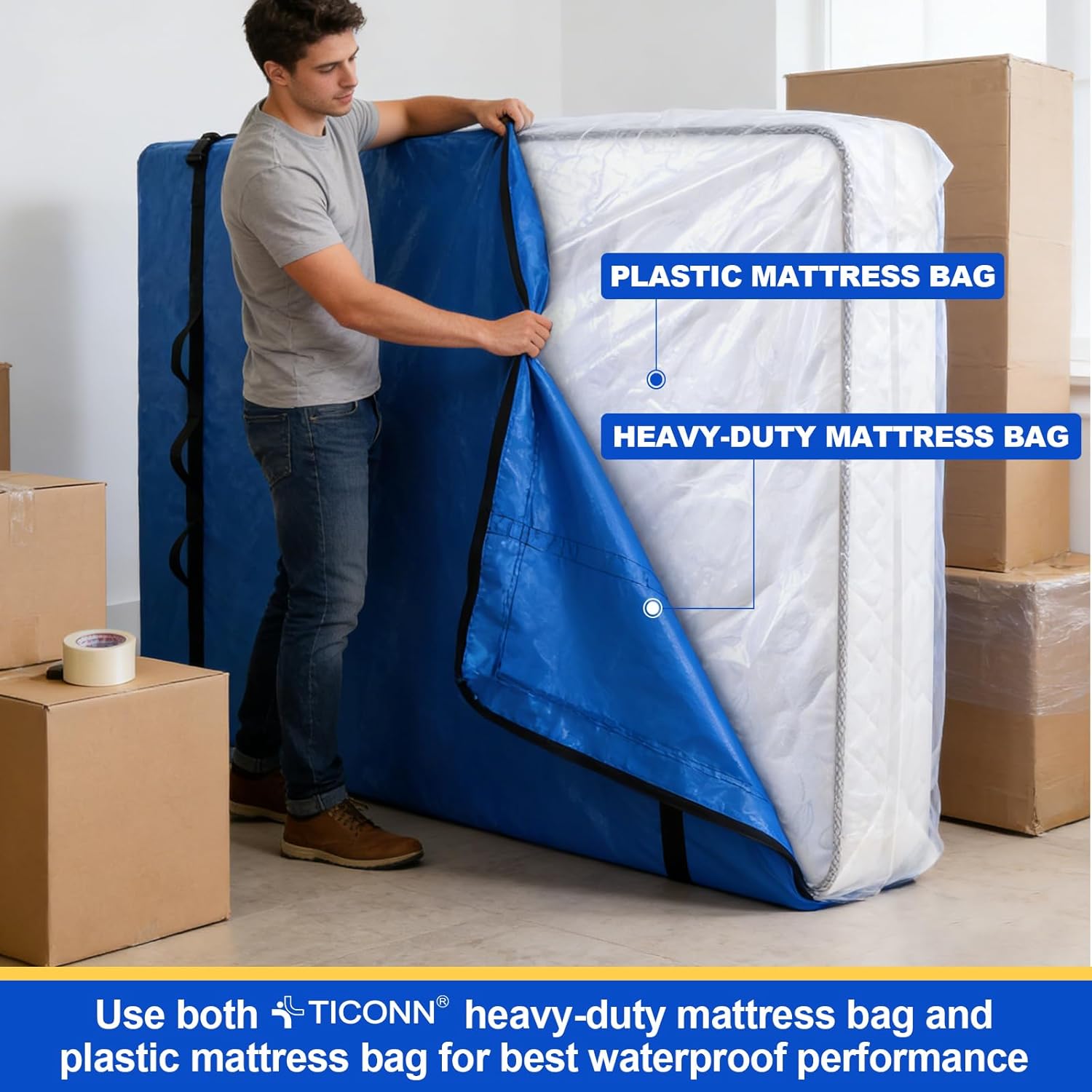 TICONN Waterproof Mattress Bag - Heavy-Duty Moving Storage Cover | 2-Pack, Queen Size (4 Mil)