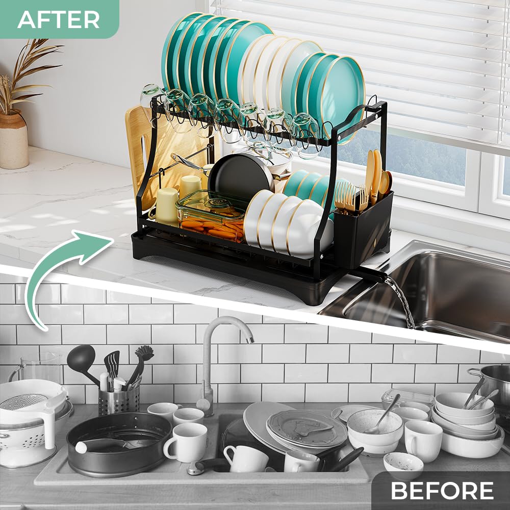 HANLE Large Dish Drying Rack Space-Saving for Kitchen Counter, 2-Tier Stainless Steel Dish Drainer Organizer with Cutlery Holder, Black