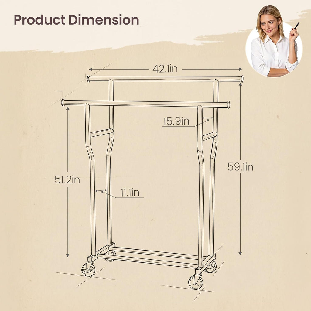 Skiennix Double Rods Rolling Clothes Rack - Heavy-Duty 260 LBS Capacity | Portable Metal Garment Rack in Black
