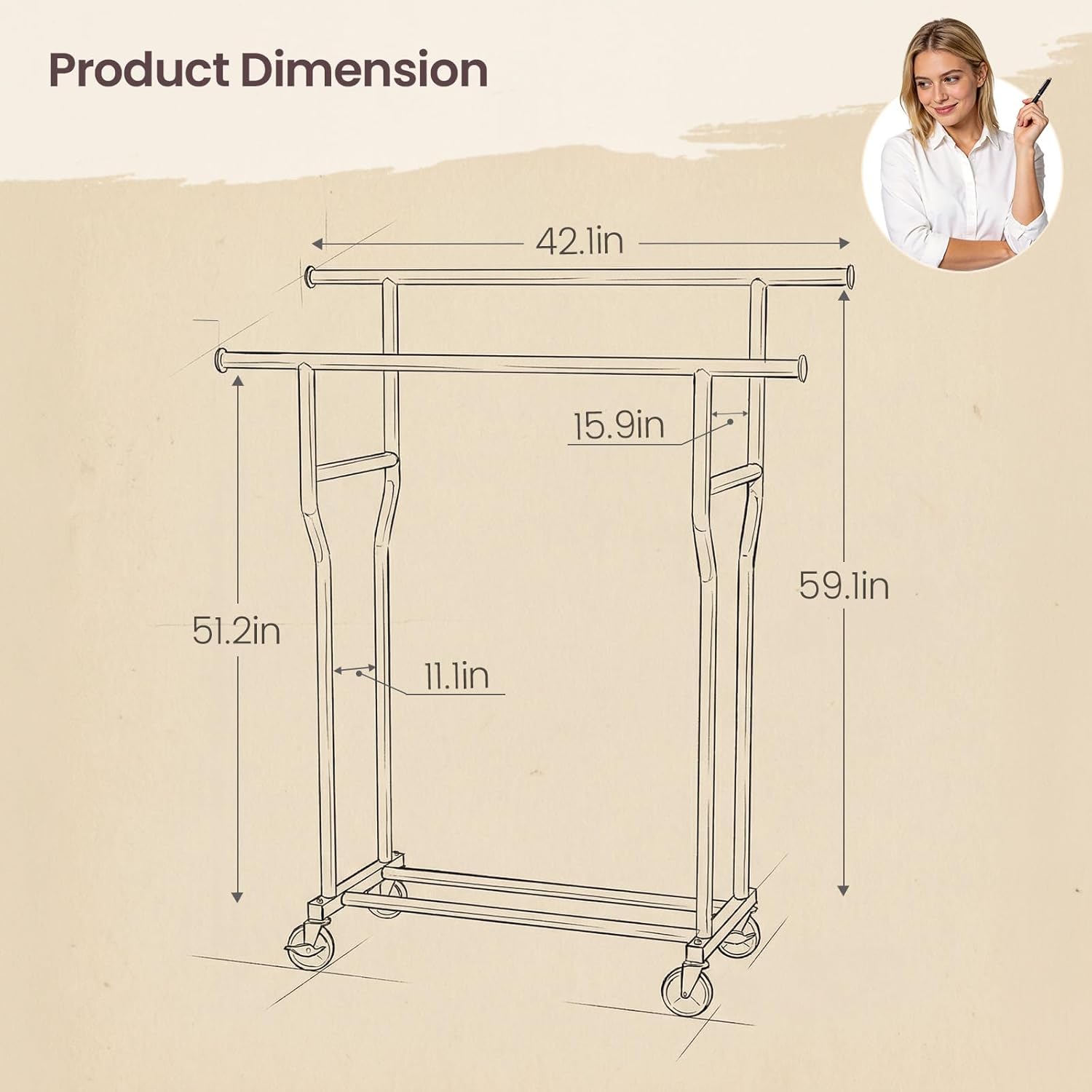 Skiennix Double Rods Rolling Clothes Rack - Heavy-Duty 260 LBS Capacity | Portable Metal Garment Rack in Black