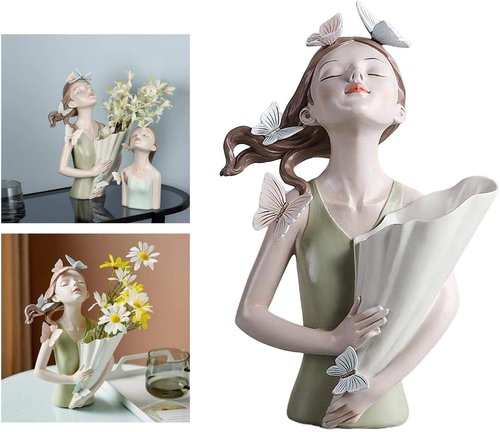 Girl Figurines Flower Vase Resin Girl Statue Sculpture Floral Flower Pots Flower Holder Desktop Planter for Home Office Table Ornaments - Green