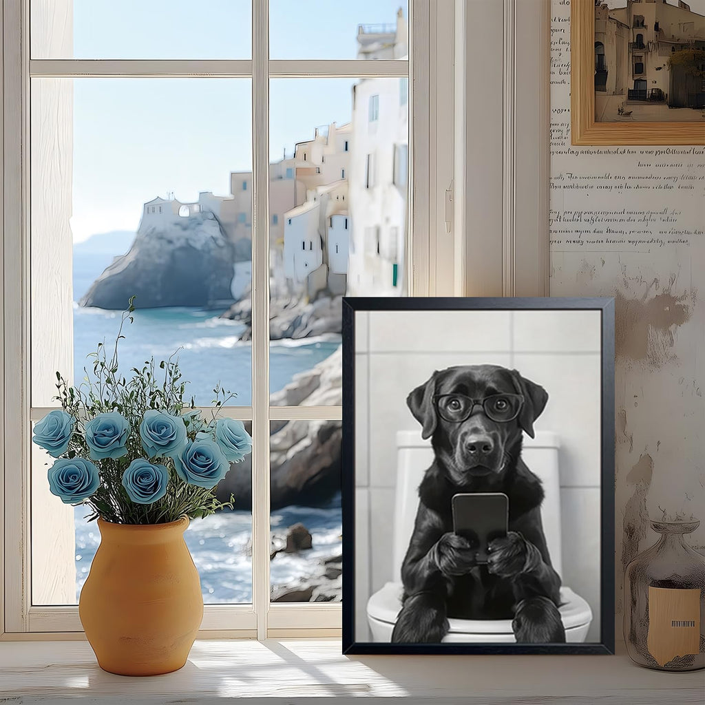 Regine Switzerland Funny Labrador Dog Canvas Print - Cute Bathroom Wall Art | 12x16 Inch Framed Decor