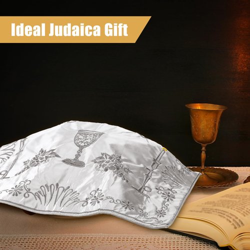 HunnmingRe 4 Pieces White Satin Challah Bread Cover Shabbat Candlestick Silver Embroidery Challah Cover for Shabbat Bread 20 x 16 Inch Tabletop Decorations Israel Judaica Gift