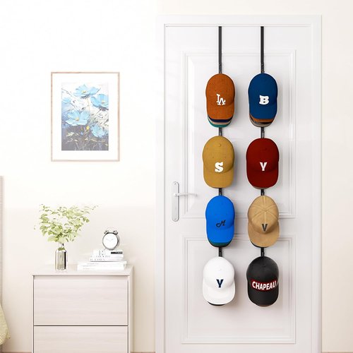 HapiRm Over Door Hat Rack | 2-Pack Baseball Cap Organizer with 8 Hooks - Holds Up to 40 Caps (Black)