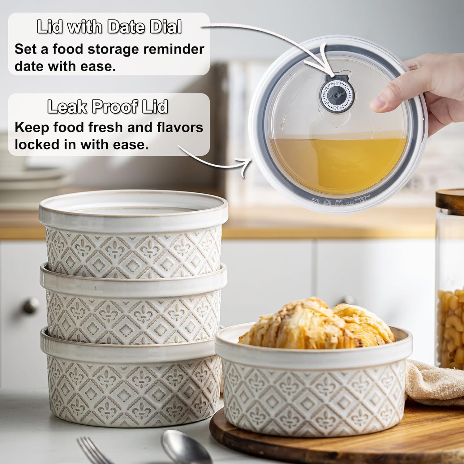 Ramekins 40 Oz Ceramic Bowls Set of 4 - Airtight Mixing Bowls with Lids for Salad, Soup & Baking - Beige