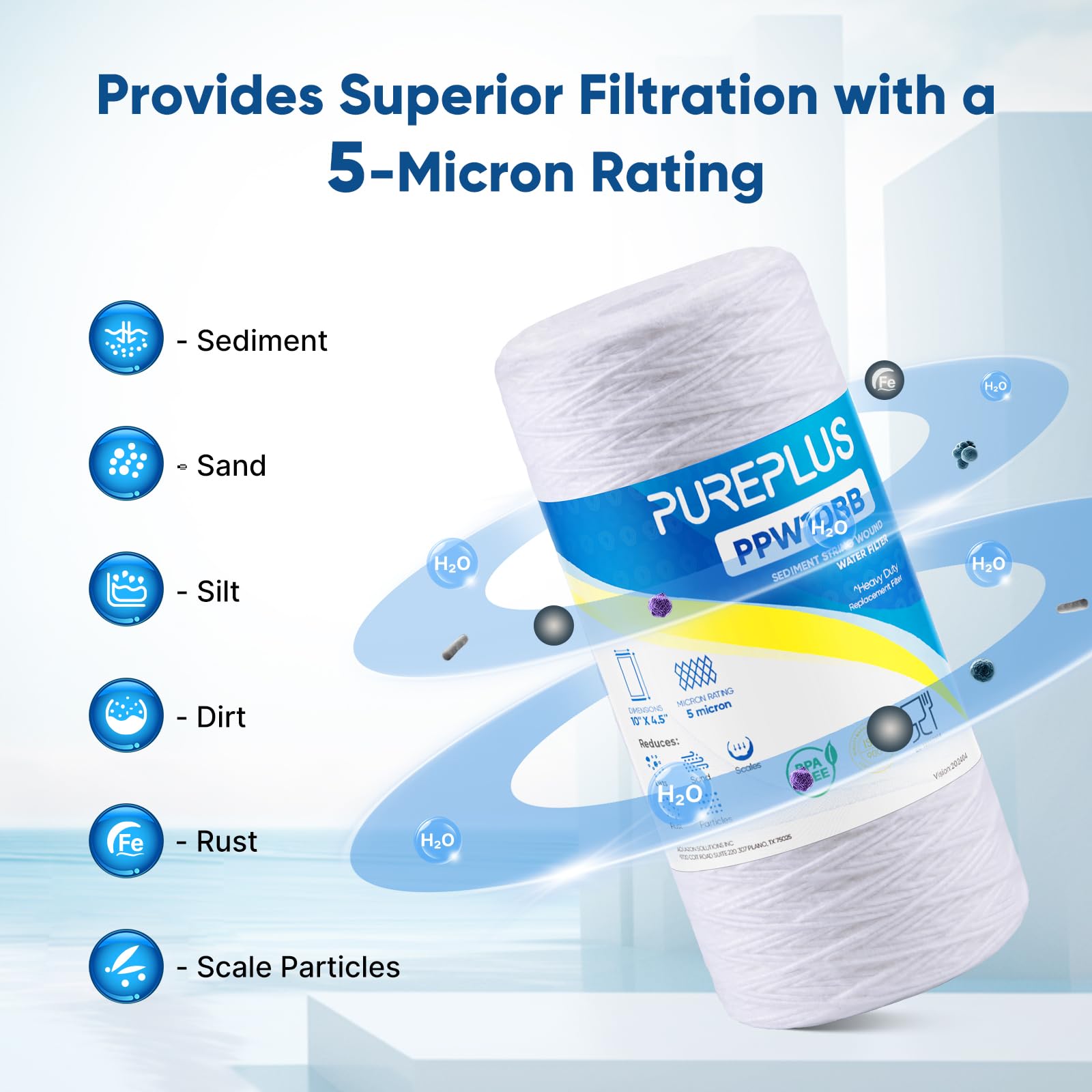 PUREPLUS 5 Micron 10 x 4.5 Whole House String Wound Sediment Filter for Well Water, Replacement Cartridge for 84637, WPX5BB97P, PC10, 355214-45, 355215-45, WP10BB97P, WP5BB97P, 2Pack