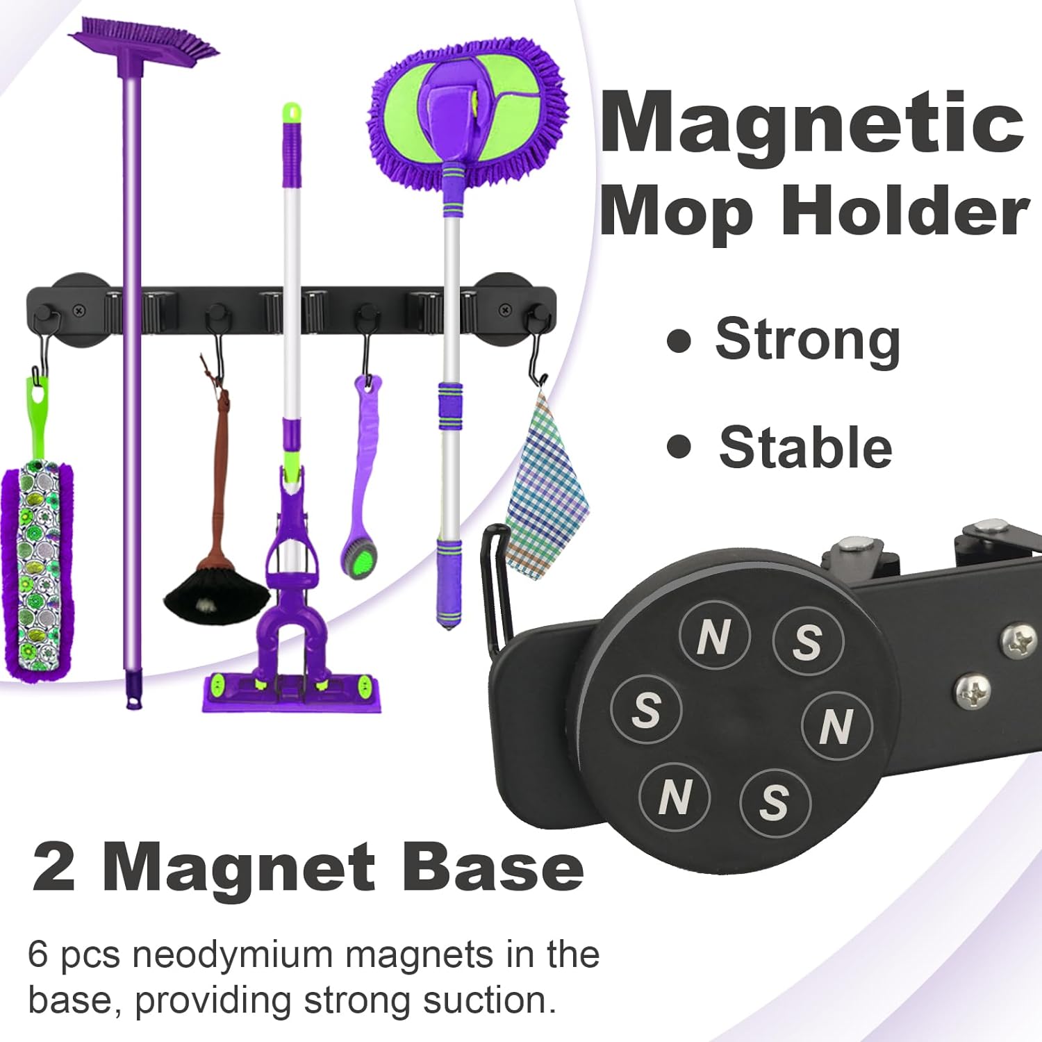 Skiennix Magnetic Mop Holder - Heavy Duty Tool Organizer with Swivel Hooks for Garage & Kitchen