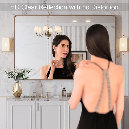 LOAAO Gold Bathroom Mirror - 48”X30” Rounded Rectangle Design | Anti-Rust Tempered Glass, Wall-Mounted
