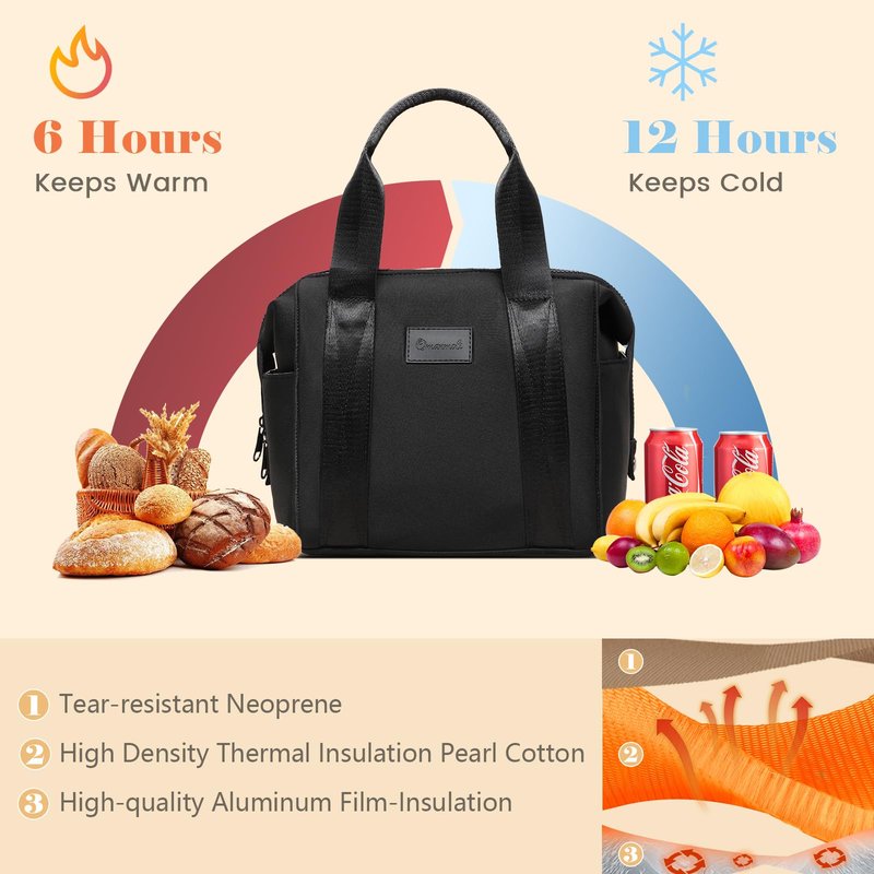 Omanmoli Insulated Lunch Bag Lunch Box for Women Large Neoprene Crossbody Lunch Tote Bag Cooler Bag for Work Picnic Travel with Adjustable Shoulder Strap(Black)