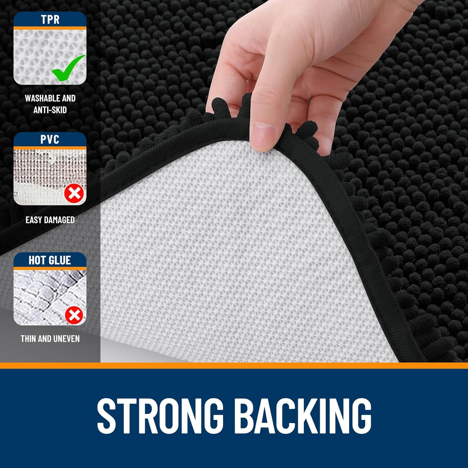 OLANLY Large Bathroom Rugs - Extra Soft Chenille Mats with Rubber Backing | Quick Dry, Machine Washable, Black 40x24