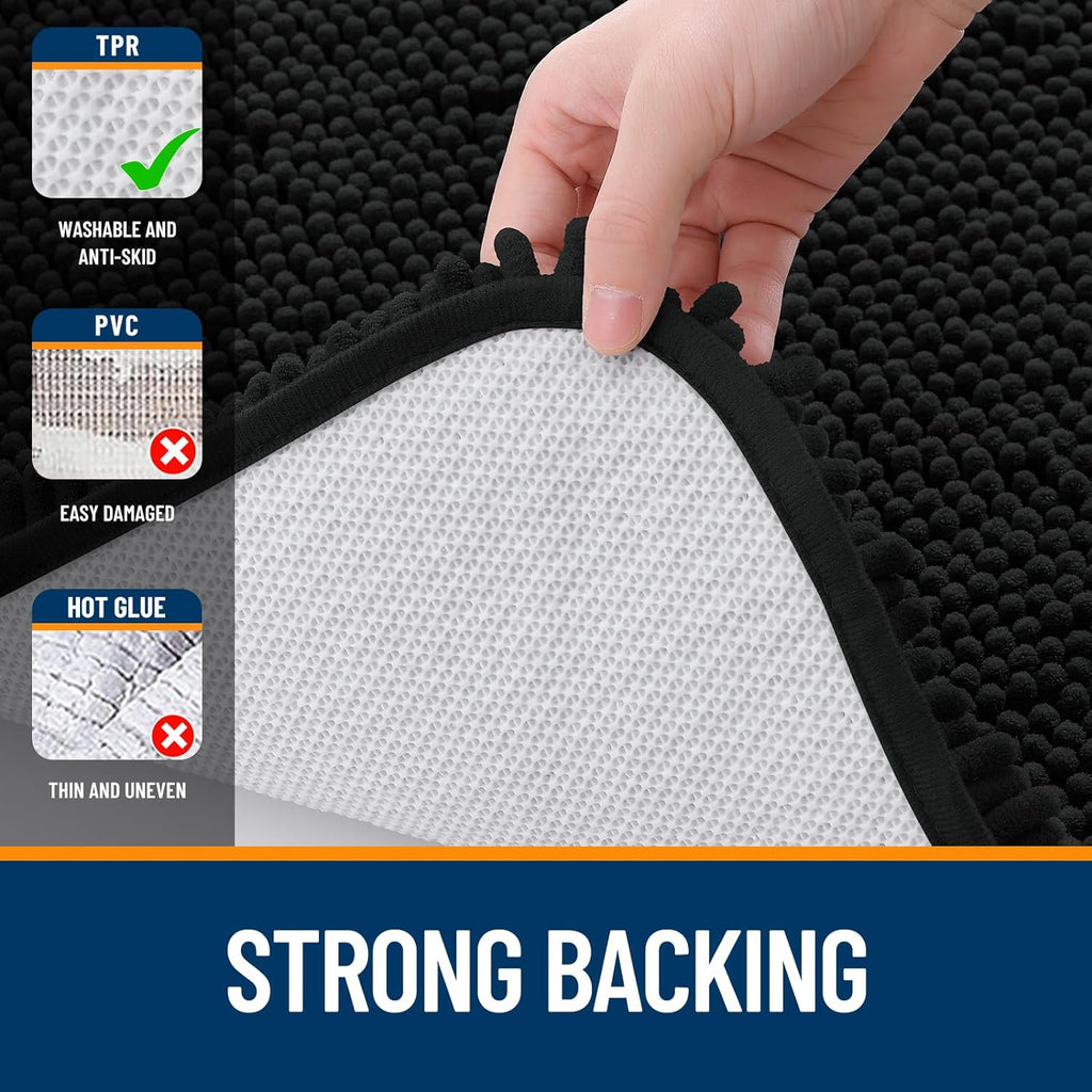 OLANLY U-Shaped Toilet Rugs - Extra Soft, Absorbent Chenille Bath Mat | 24x20, Quick-Dry, Non-Slip, Black