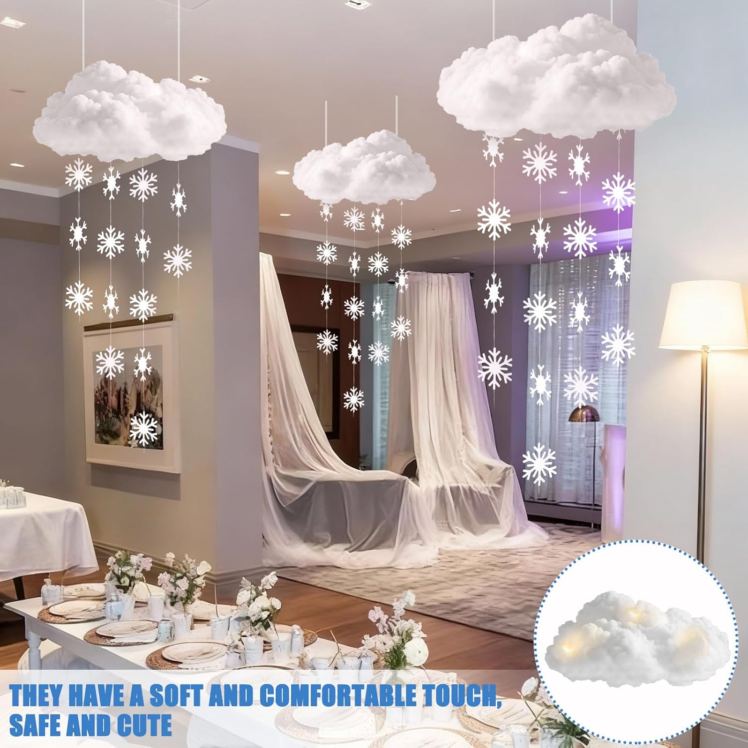 Wettarn 18 Pcs Winter Cloud Decorations - 3D Large Hanging Ornaments with Snowflakes for Parties