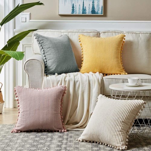 Fancy Homi Boho Decorative Throw Pillow Covers - Soft Corduroy Accent Cushion Set (Pack of 2, 18x18 Inch, Cream)