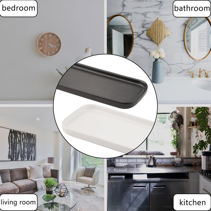 VanEnjoy Set of 2 Ceramic Tray for Kitchen Counter, Black Vanity Tray for Bathroom Counter, Long Narrow Tray for Soap Bottles
