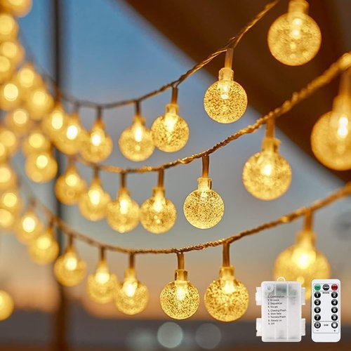 Minetom Crystal Globe String Lights - 33 ft 60 LED Battery Operated Fairy Lights with Remote & 8 Modes | Waterproof Warm White for Bedroom, Tent, Patio, Wedding Decor