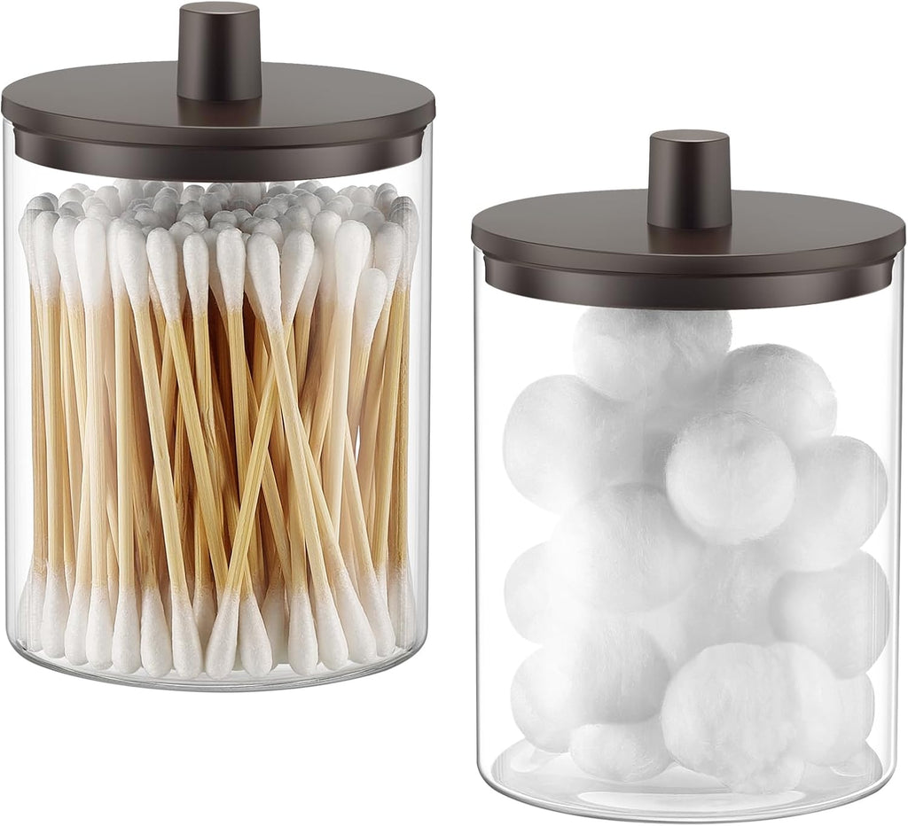 TIPGO Glass Qtip Holder Dispenser - 10 oz Clear Apothecary Jar for Cotton Swabs & Makeup Storage | 2 Pack, Brown
