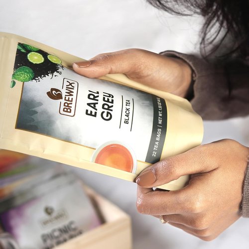 BREWIX Earl Grey Tea Bags - 22 Pyramid Bags of Long Leaf Indian Black Tea with Bergamot | Resealable Ziplock Pouch
