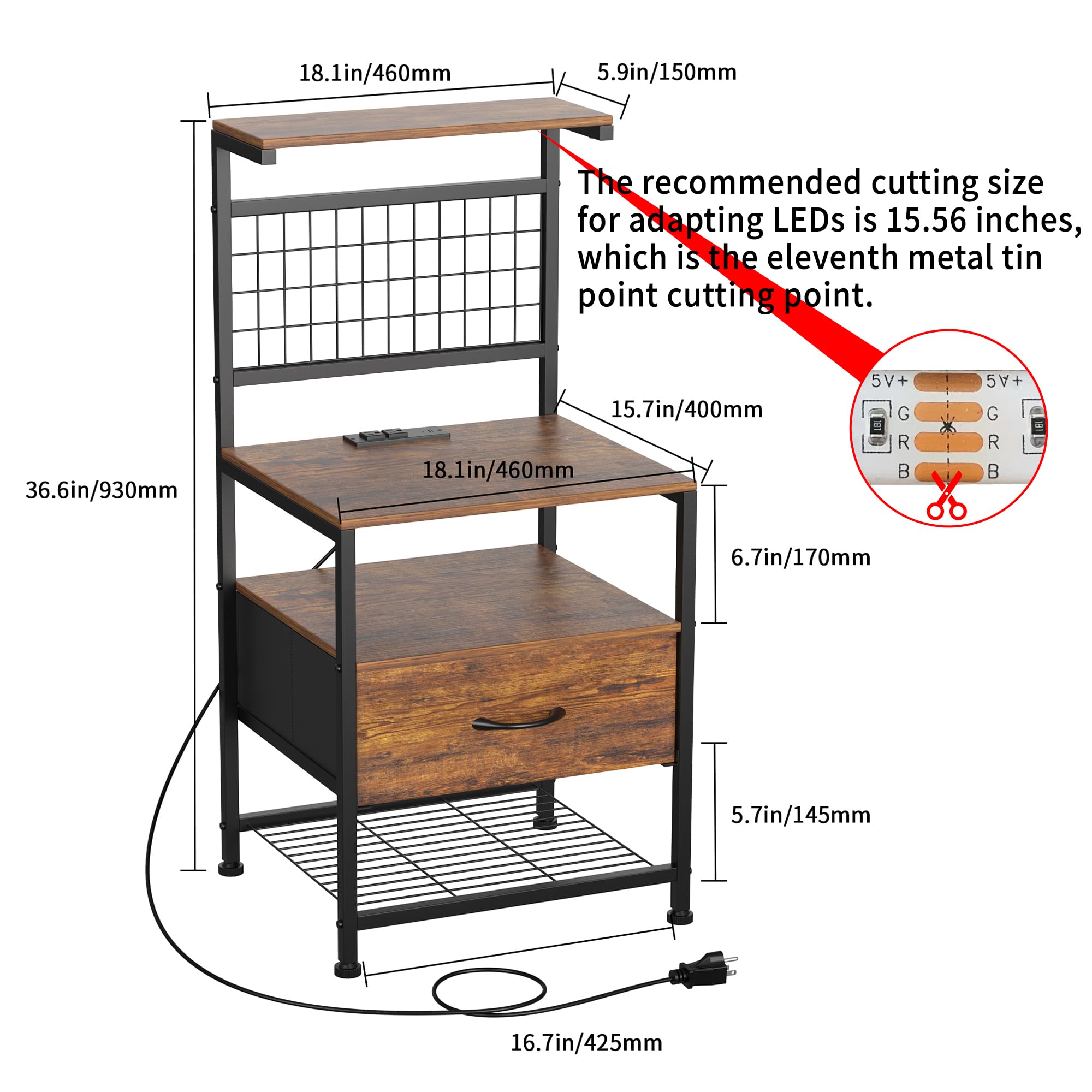 Aetheris Night Stand with Charging Station and LED Lights, End Table with Drawers and Storage Shelves, NightStand with Storage Shelf & Hooks, Night Stand for Bedroom, Rustic Brown