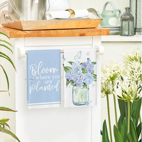 Artoid Mode Blue Hydrangea Motto Spring Kitchen Towels Dish Towels, 18x26 Inch Farmhouse Decoration Hand Towels Set of 4