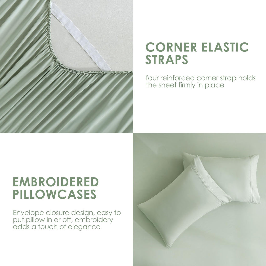 JSD Sage Green Twin Sheet Set with Side Pocket Corner Straps, 3 Piece Soft Kids Microfiber Bed Sheets Extra Deep Pocket
