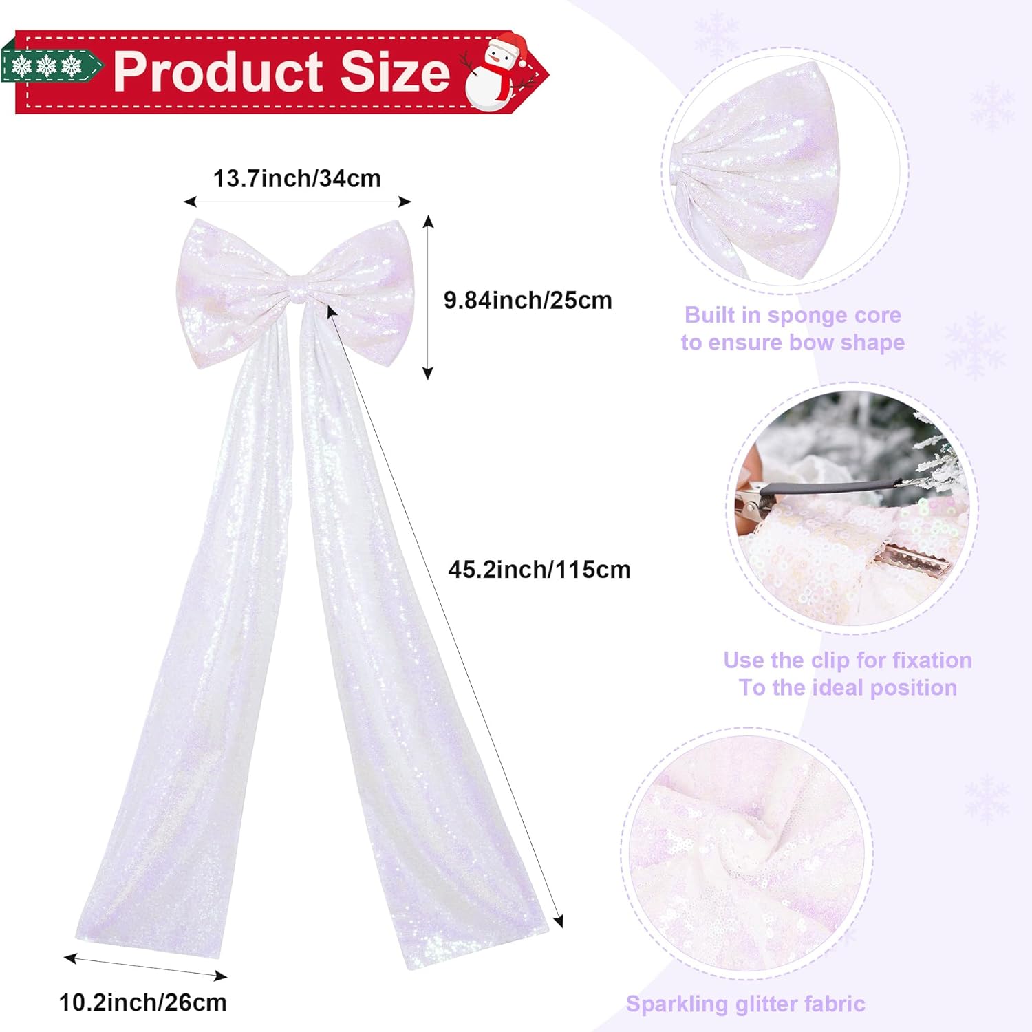 PartyDelight Large Bow Decorations - Big White Iridescent Sequin Ribbon Tie | 16x47 Inches for Christmas Tree Topper & Party Decor