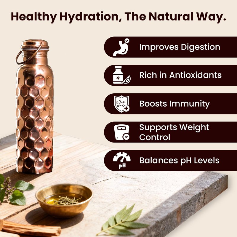 Craft Trade 100% Pure Copper Water Bottle 32 Oz, Ayurveda Copper Bottle for Drinking, Handcrafted Honeycomb Finish with Jute Carry Case, Boosts Immunity & Digestion, Leak-Proof, BPA-Free, 2 Pk