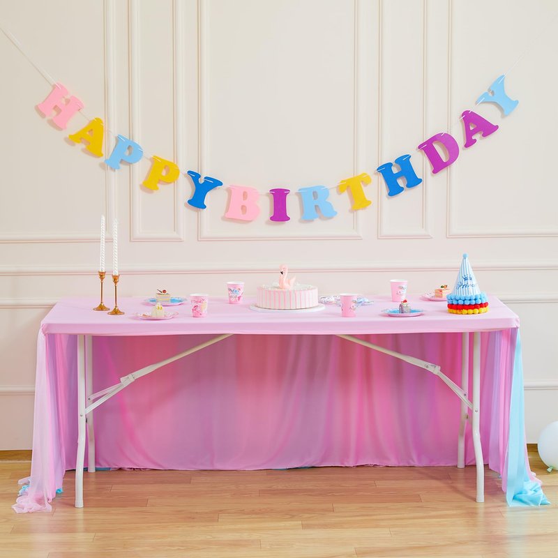 Pink Blue Tulle Tablecloth 4Pack Stretchable Cross Table Cover 3 Sides for Wedding, Birthday, Party Decor, Banquet, Bridal Shower Fits Rectangle Tables 6ft