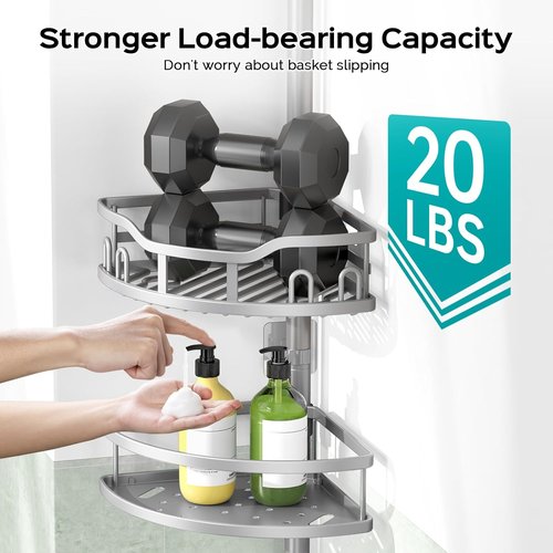 HAMITOR Corner Shower Caddy Tension Pole - Rustproof 4-Tier Bathroom Organizer for Shampoo Storage | Adjustable 47-121 Inch Silver Gray