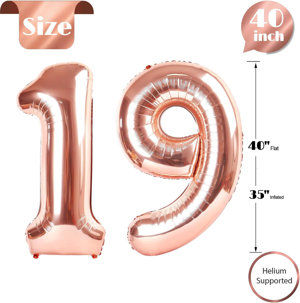 Rose Gold Number 19 Balloon - 40 Inch 19th Birthday Decoration for Men & Women