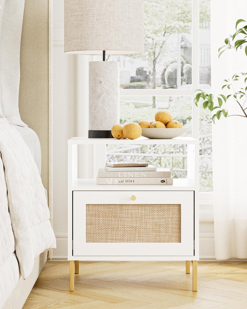 Apetaccat Extra Large Nightstand Rattan Night Stand, Modern Side Table Boho Farmhouse Wood Bedside Table with Storage Drawer and Open Shelf,Large End Table for Bedroom,Living Room,Office(White)
