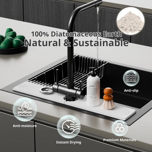 Slow Slog Quick Dry Sink Splash Guard - Extended 23.6" Instant Dry Stone Sink Tray for Kitchen and Bathroom Faucets - Durable Diatomaceous Earth Faucet Mat for Countertops, White