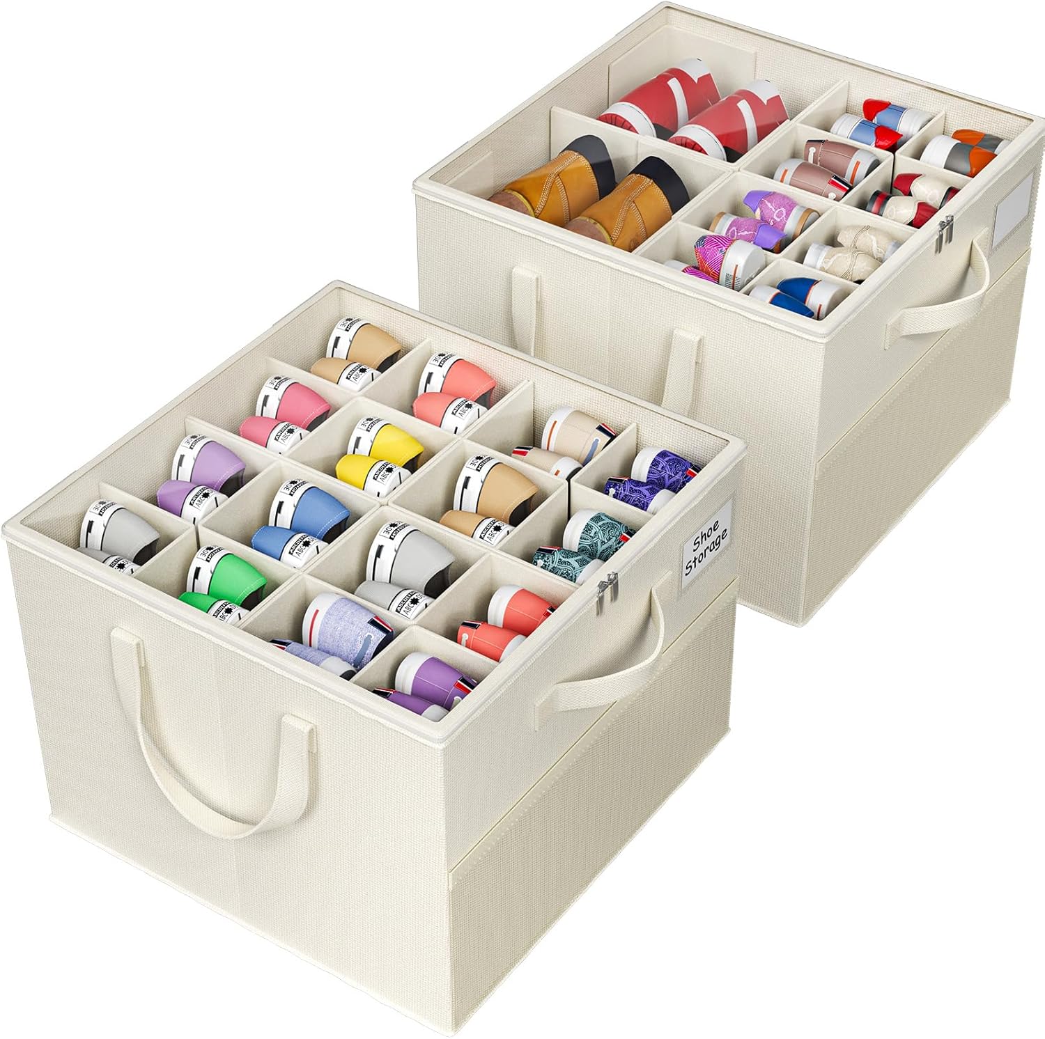 NestOrganix Shoe Organizer - Large Foldable Storage Box with Adjustable Dividers & Clear Cover | Beige 2-Pack