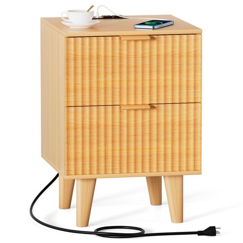Urban Deco Fluted Nightstand with Charging Station, Mid Century Modern Nightstand, Wooden Side Table with 2 Fluted Drawers, End Table with Solid Wood Legs for Bedroom, 15.4 x 15.4 x 22.8 in (Natural)