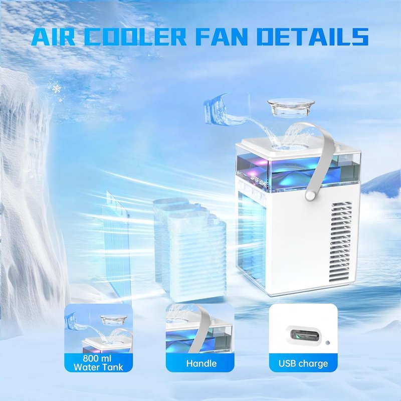 Portable Air Conditioners, 4-IN-1 Evaporative Air Cooler with App Control, 800ml Water Tank, Rechargeable Mini Air Conditioner, 3 Speeds & 3 Mist, Colorful Night Light Cooling Fan